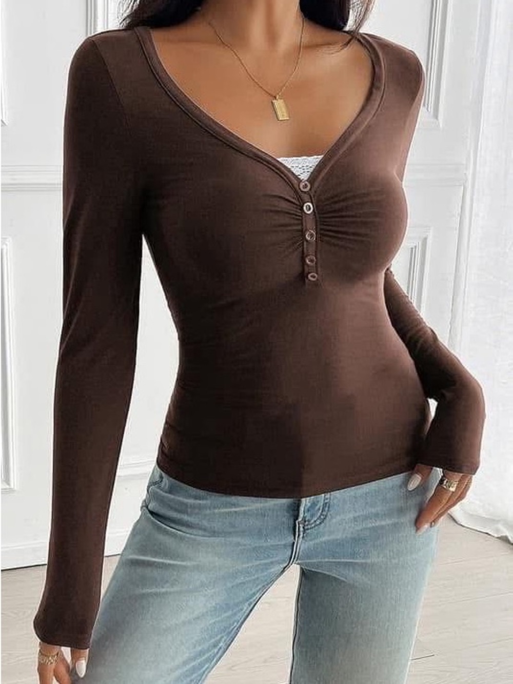 Brown Long Sleeve Henley Top - Women